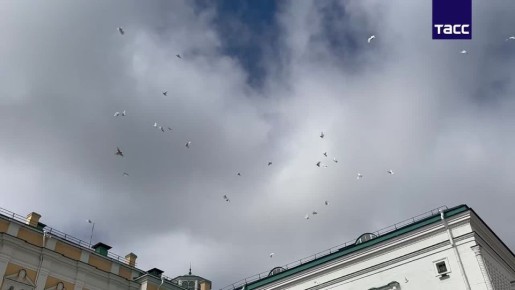 Патриарх Кирилл выпустил голубя в честь Благовещения после службы в Благовещенском соборе Кремля, передает корреспондент ТАСС