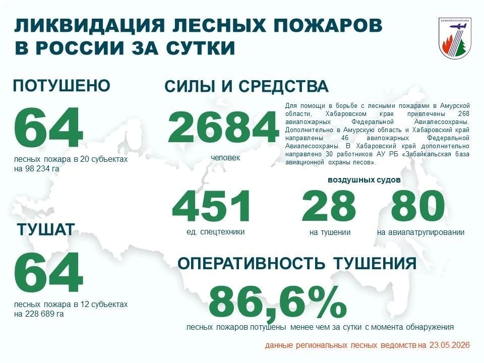 За прошедшие сутки в России потушено 64 лесных пожара в 20 регионах